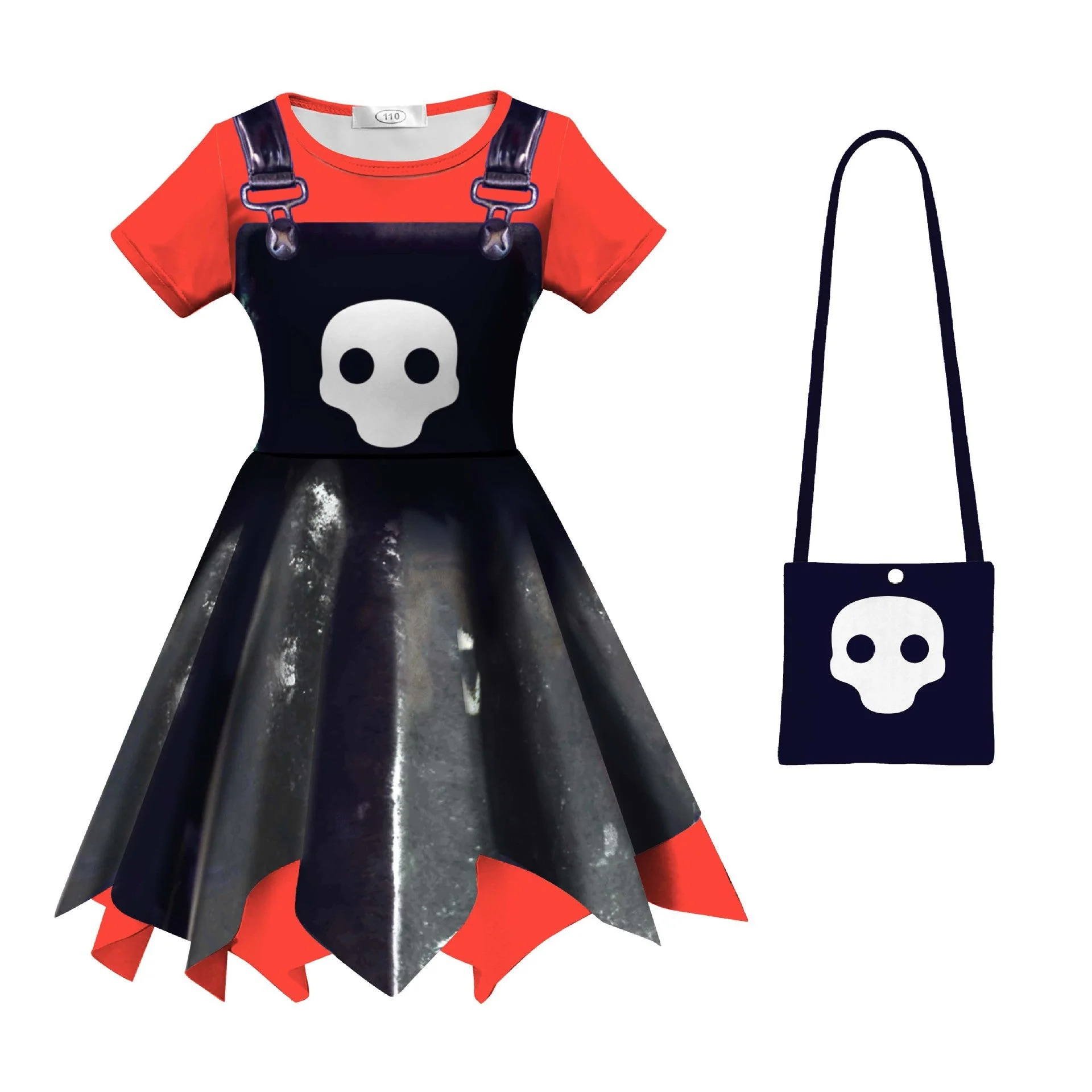 Girls Game Inspired Doll Costume Black Asymmetric Hem Dress Bag and Leggings Suit for Spooky Dress-Up Party 4-10Y - Image 6