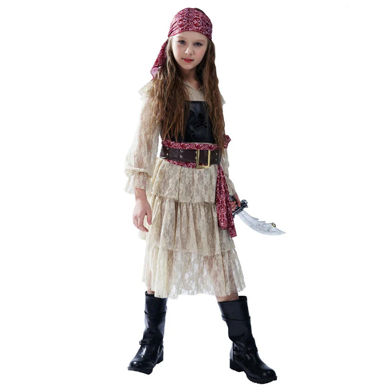 Girls Halloween Pirate Dress Childrens Pirate Costume with Vest Belt and Bandana for Cosplay - Image 2