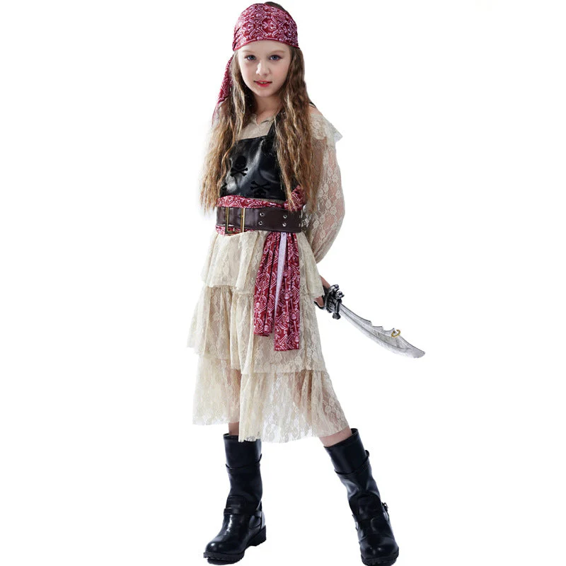 Girls Halloween Pirate Dress Childrens Pirate Costume with Vest Belt and Bandana for Cosplay - Image 3