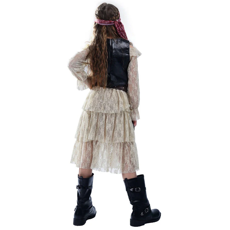 Girls Halloween Pirate Dress Childrens Pirate Costume with Vest Belt and Bandana for Cosplay - Image 4