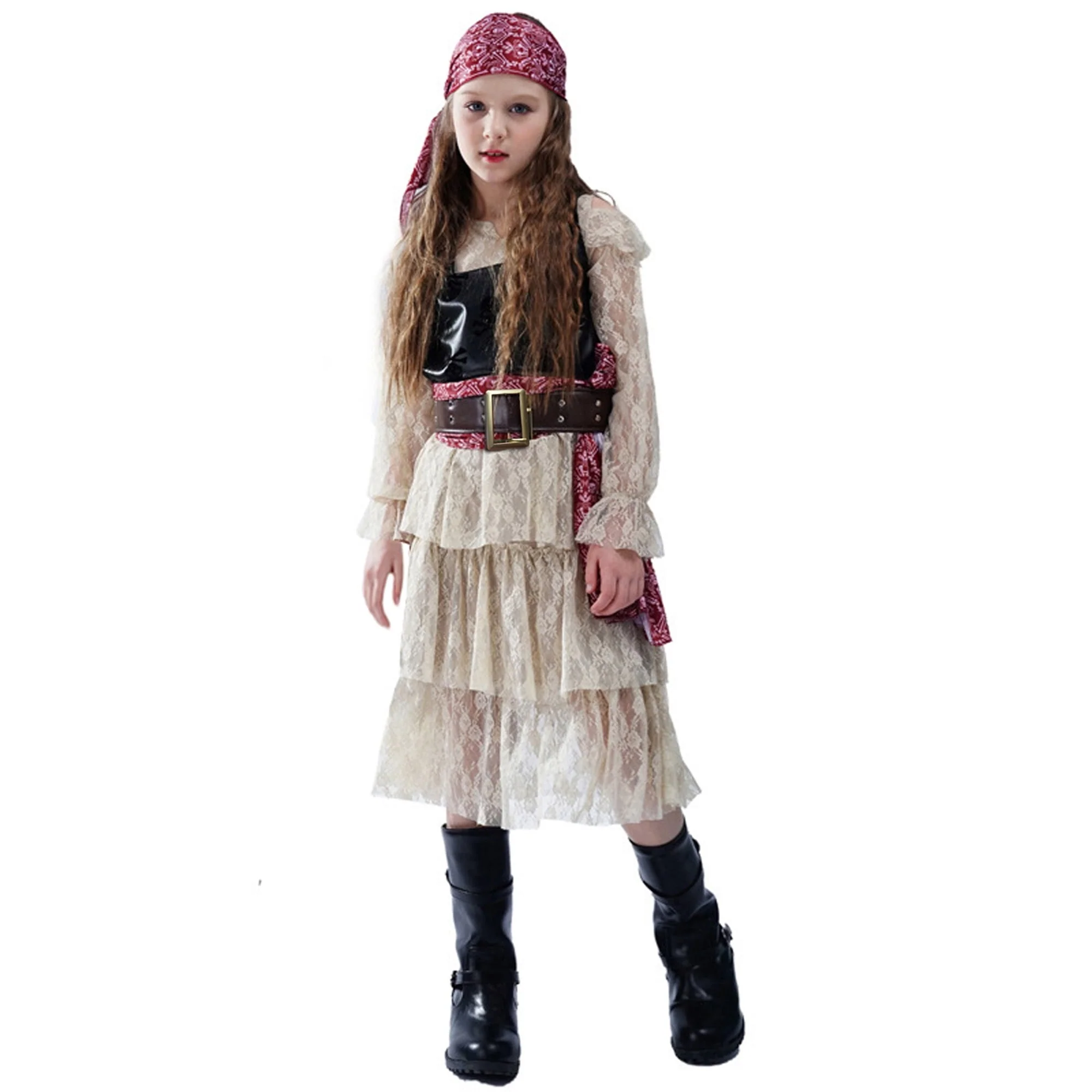 Girls Halloween Pirate Dress Childrens Pirate Costume with Vest Belt and Bandana for Cosplay - Image 5