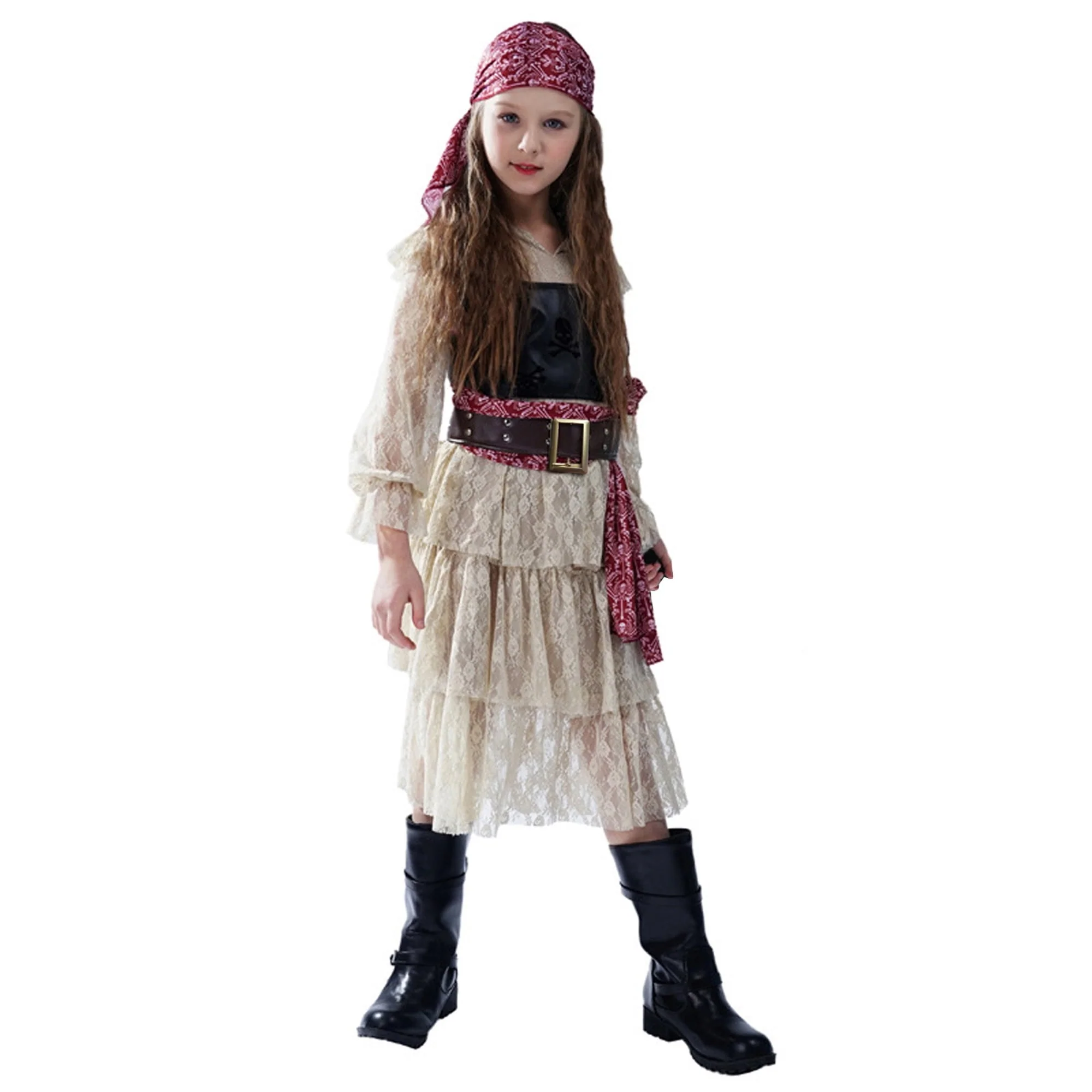 Girls Halloween Pirate Dress Childrens Pirate Costume with Vest Belt and Bandana for Cosplay - Image 6