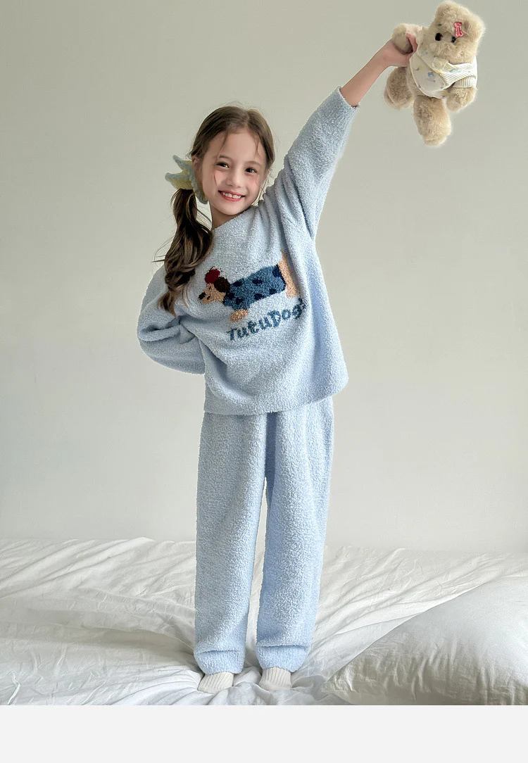Girls Holiday Christmas Pajamas Soft Pink Sherpa Top with Striped Pants for Homewear - Image 9