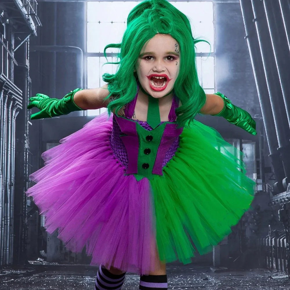 Girls Horror Clown Costume Crazy Joker Outfit Scary Purple Tutu Dress and Gloves for Dress Up Party - Image 2
