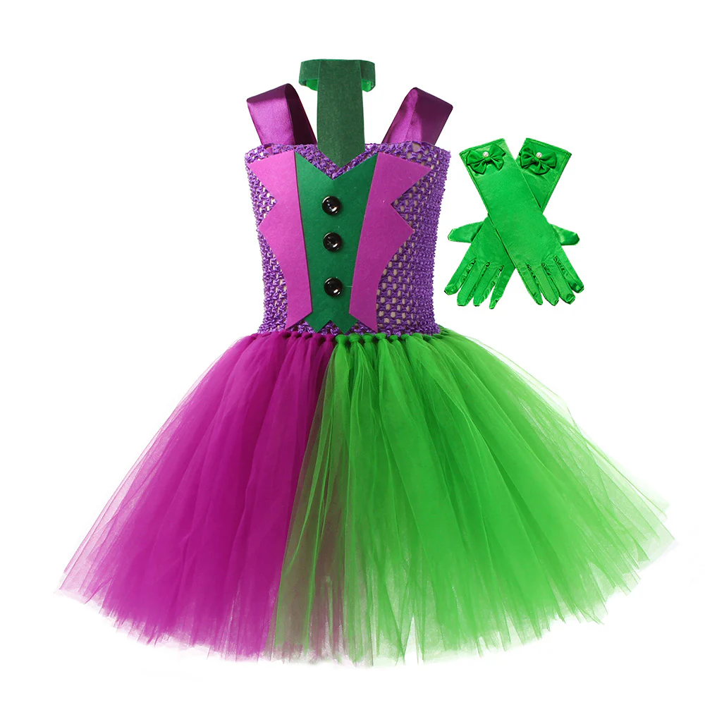 Girls Horror Clown Costume Crazy Joker Outfit Scary Purple Tutu Dress and Gloves for Dress Up Party - Image 3