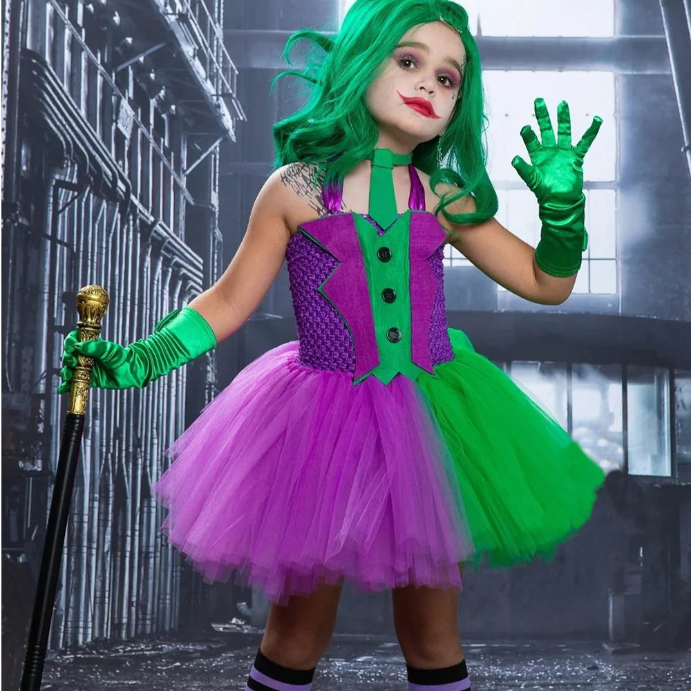 Girls Horror Clown Costume Crazy Joker Outfit Scary Purple Tutu Dress and Gloves for Dress Up Party - Image 7