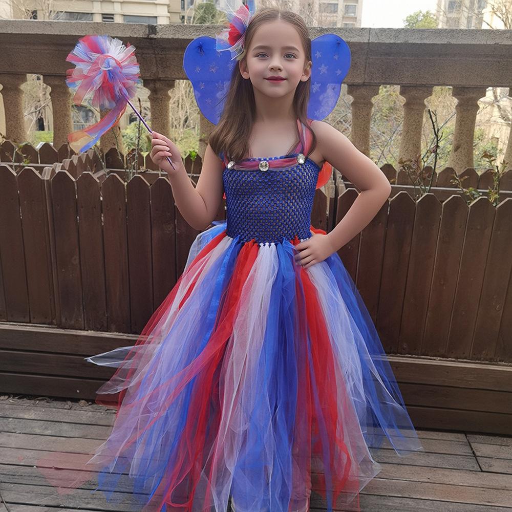 Girls July 4th Outfit Ball Gown Dress with Wing Fairy Wand Headband Full Set for Carnival - Image 2