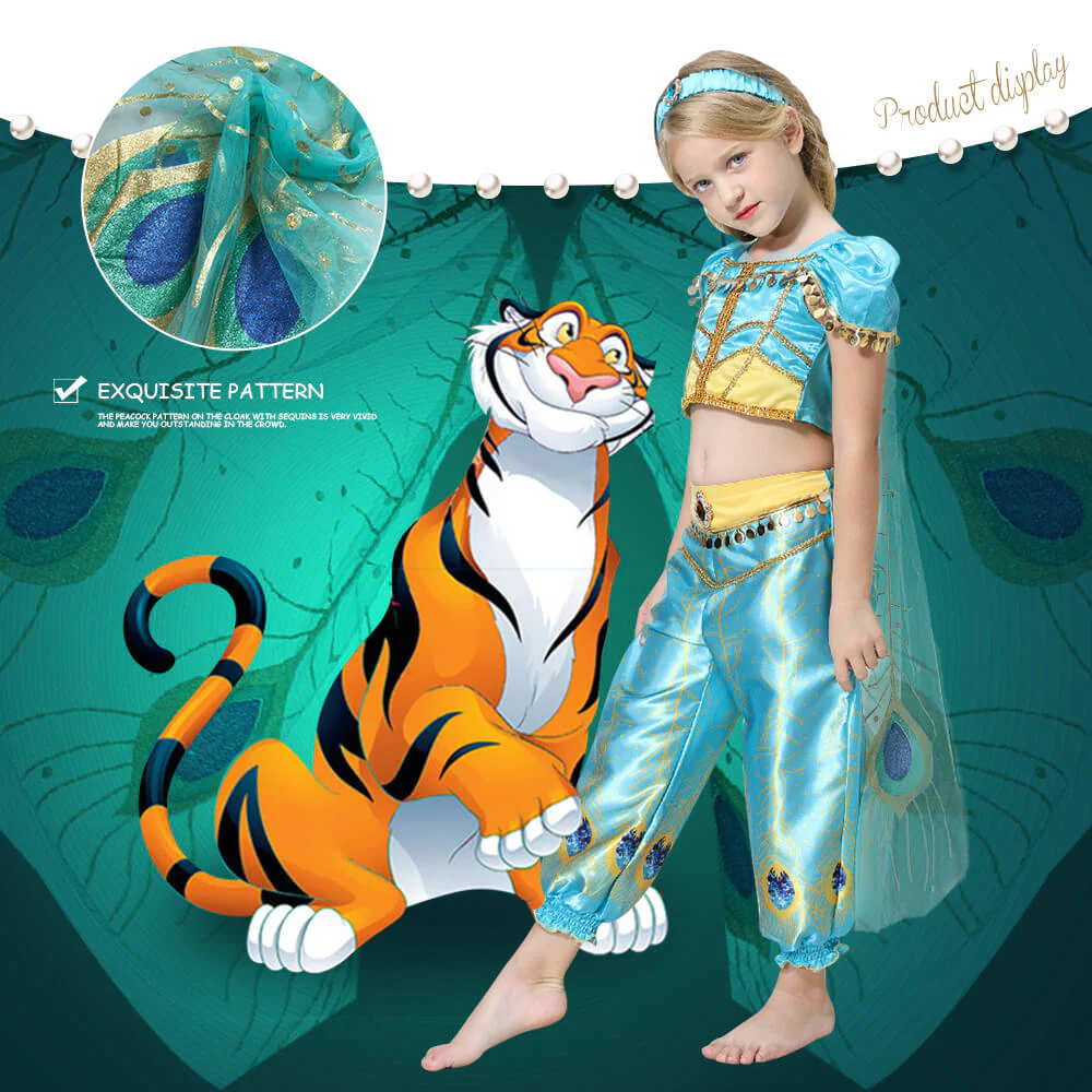 Kids Princess Jasmine Costume Halloween 4-pieces Full Set Cosplay Dress - Image 3
