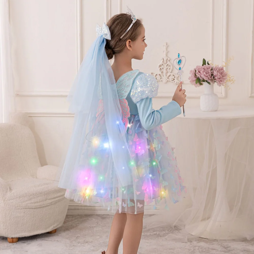 Girls Light Up Dress LED Long Sleeve Princess Party Dress with Fairy Wings and Tulle Bow Veil - Image 2