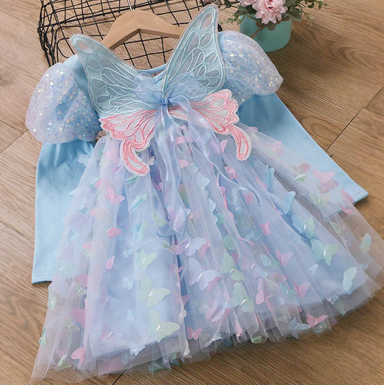 Girls Light Up Dress LED Long Sleeve Princess Party Dress with Fairy Wings and Tulle Bow Veil - Image 4