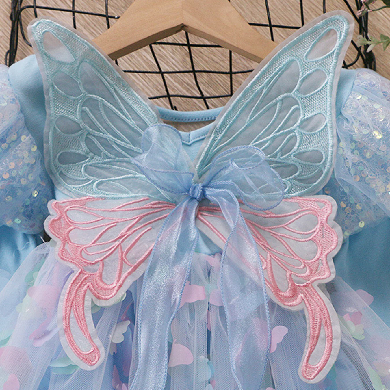 Girls Light Up Dress LED Long Sleeve Princess Party Dress with Fairy Wings and Tulle Bow Veil - Image 5