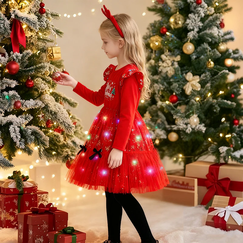 Girls Light Up Xmas Dress Red Cute Christmas Party Costume with Headband - Image 3