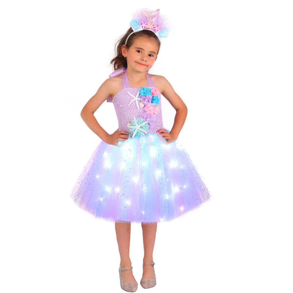 Light Up Princess Dress Mermaid Tutu Dress Glowing Birthday Dress with Headband - Image 3
