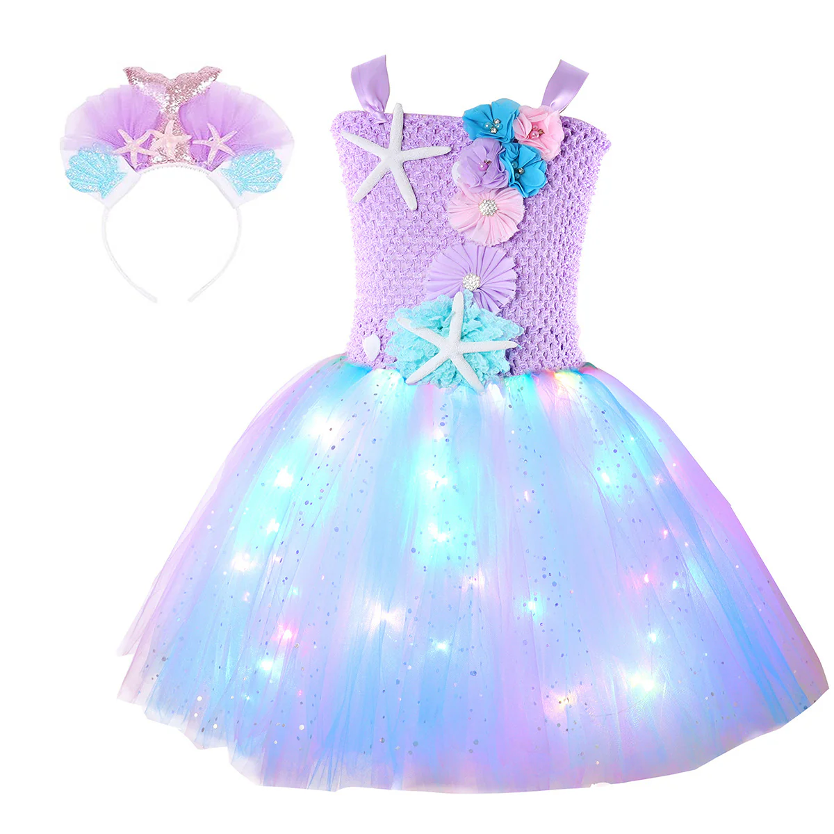 Light Up Princess Dress Mermaid Tutu Dress Glowing Birthday Dress with Headband - Image 4