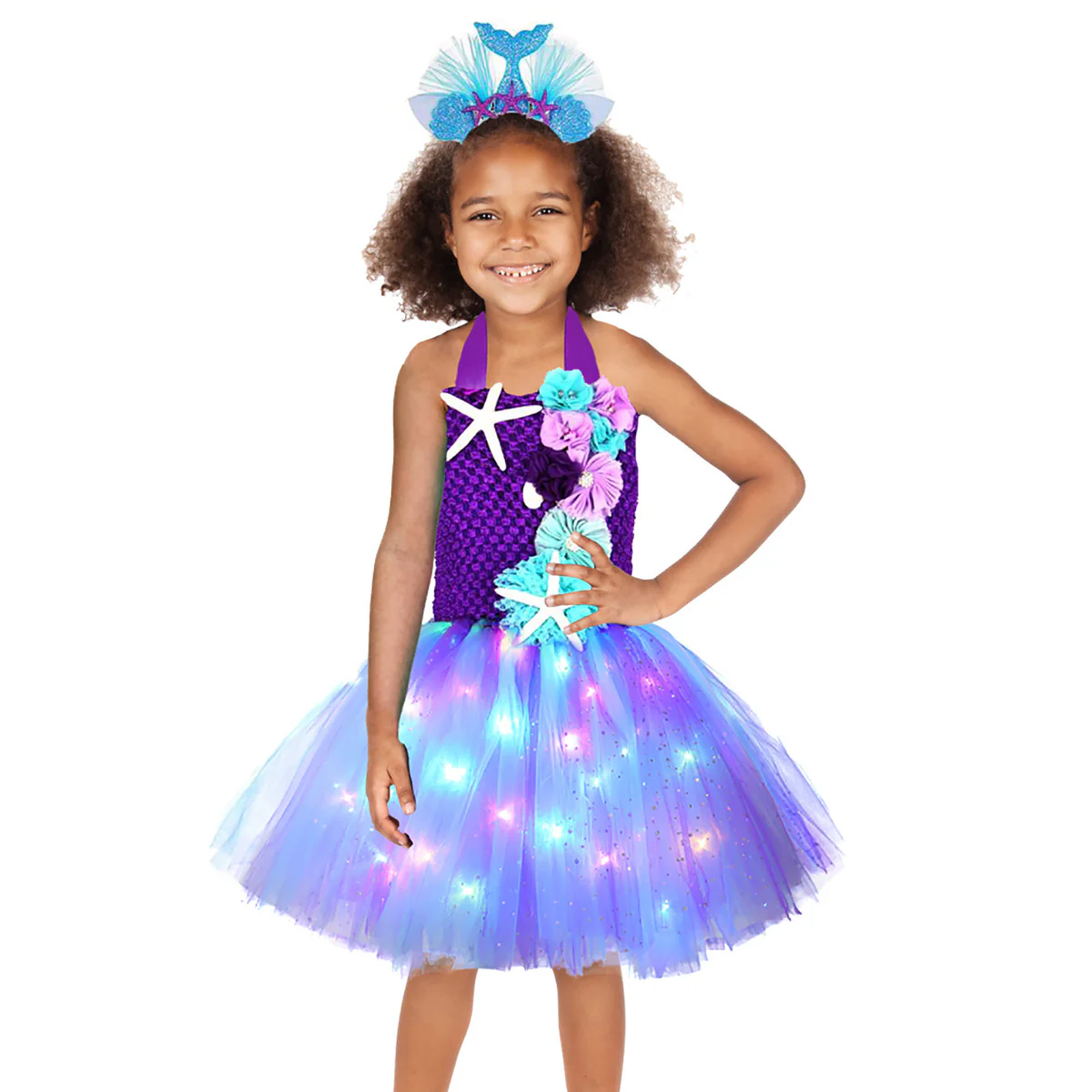 Light Up Princess Dress Mermaid Tutu Dress Glowing Birthday Dress with Headband - Image 7
