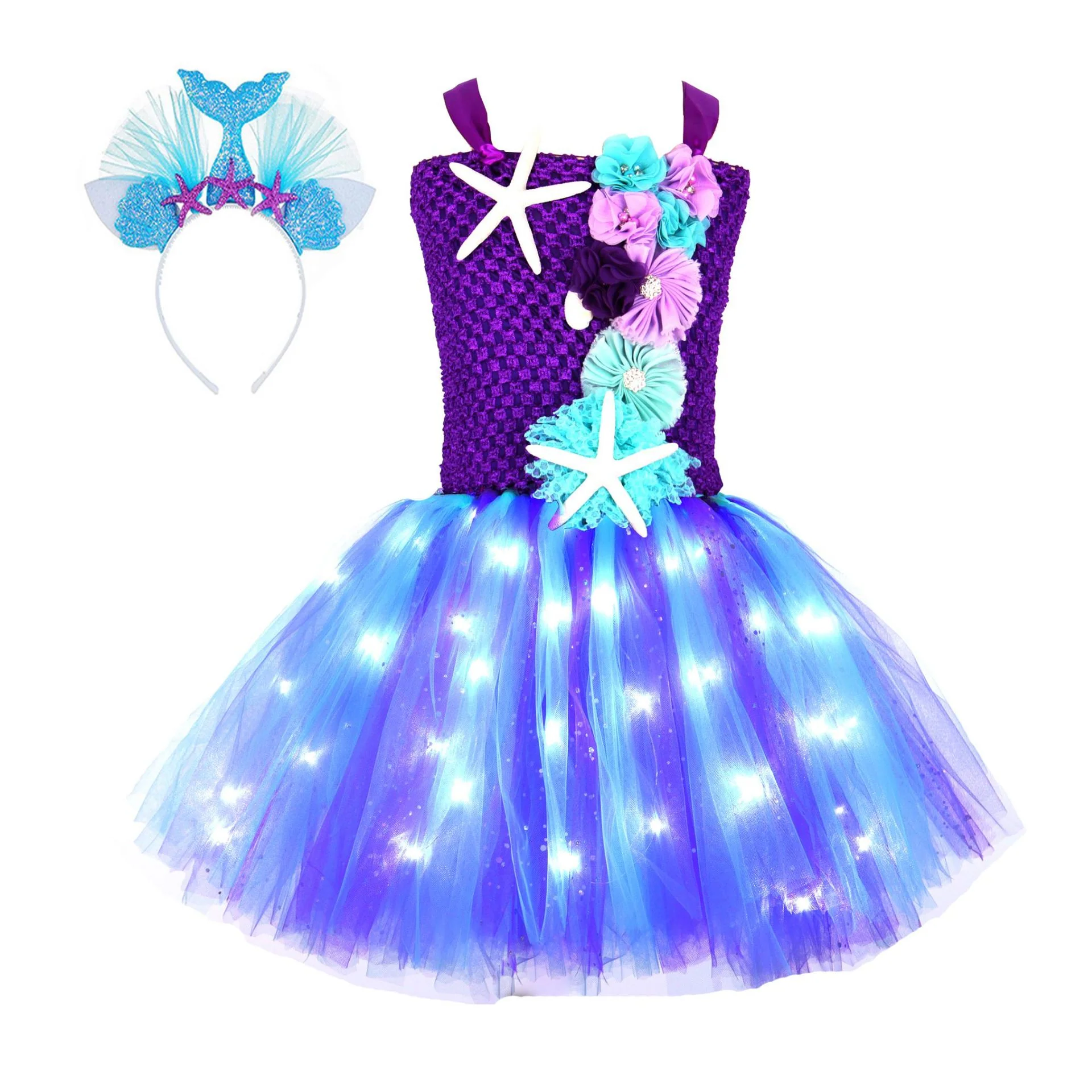 Light Up Princess Dress Mermaid Tutu Dress Glowing Birthday Dress with Headband - Image 8