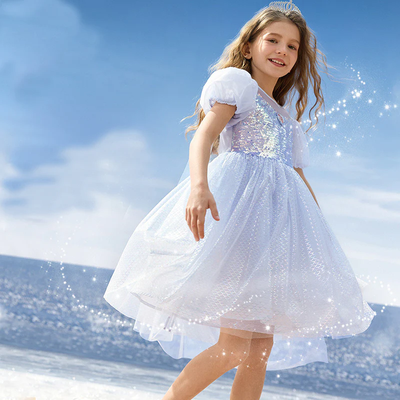 Girls Mermaid Sequin Dress Princess Tulle Party Costume Ball Gown Dress with Cape 2pcs Suit - Image 2