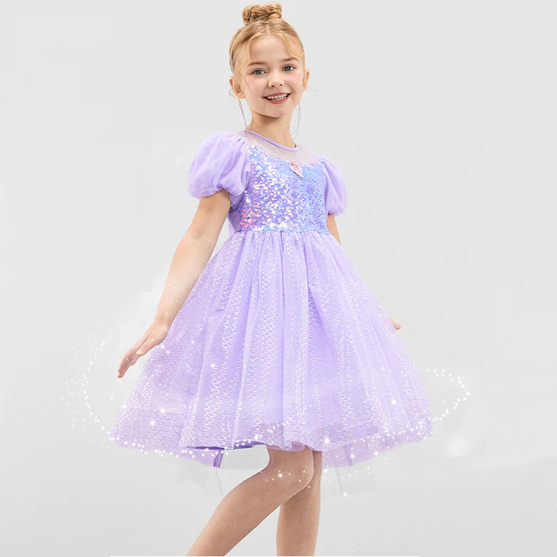 Girls Mermaid Sequin Dress Princess Tulle Party Costume Ball Gown Dress with Cape 2pcs Suit - Image 7