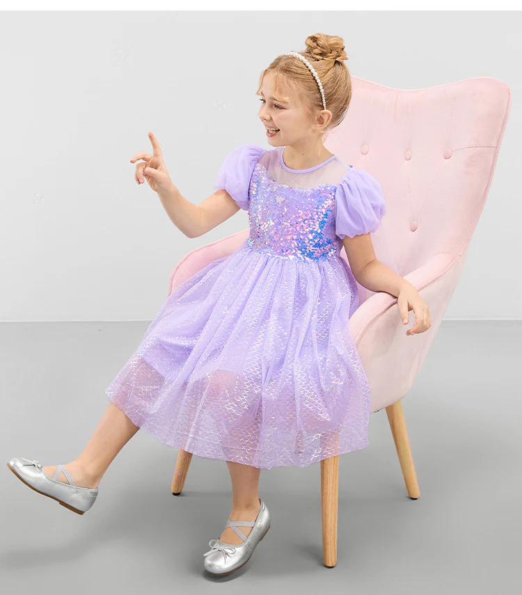 Girls Mermaid Sequin Dress Princess Tulle Party Costume Ball Gown Dress with Cape 2pcs Suit - Image 8