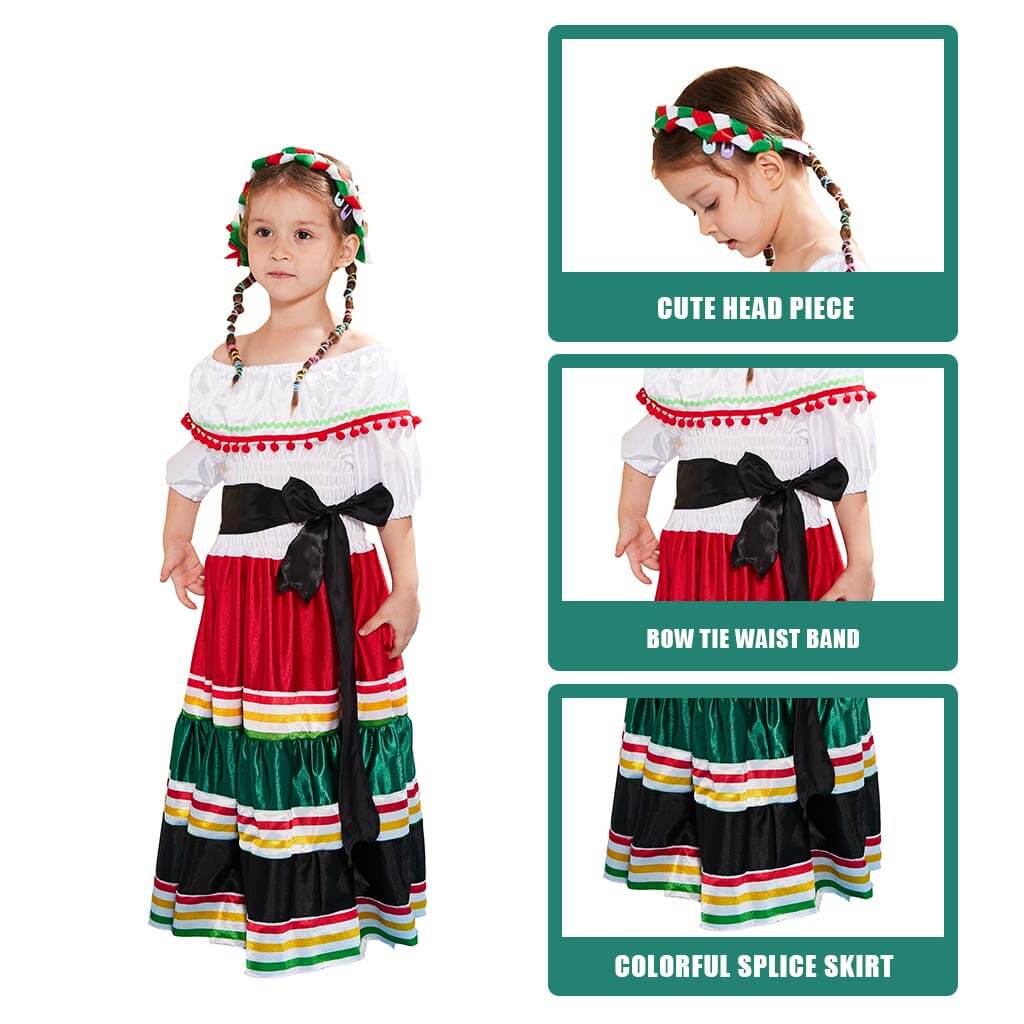 Girls Mexican Dress Halloween Costume Kids Traditional Senorita Blouse Dance Skirt - Image 5