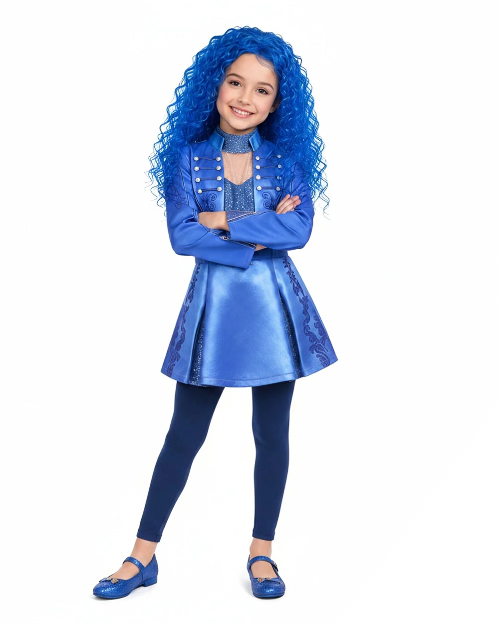 Girls Princess Chloe Costume Descendent Blue Jacket Dress and Leggings Suit for Dress Up Party