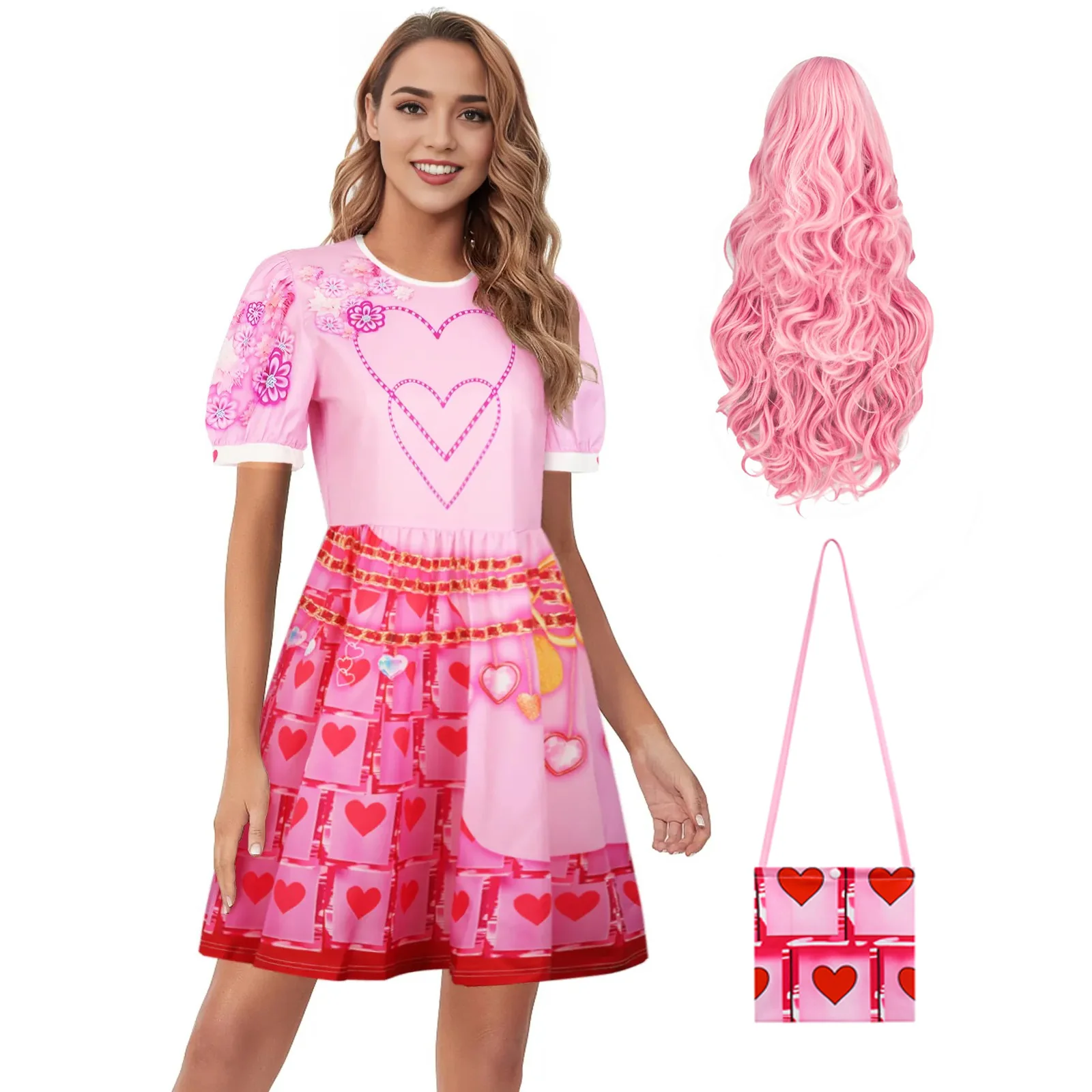 Queen of Hearts Costume Girls Adults Princess Bridget Pink Dress and Wig for Halloween Carnival - Image 6