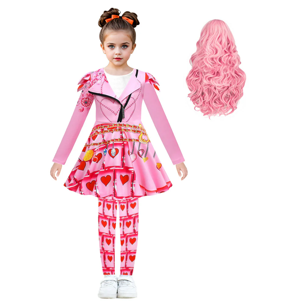 Girls Queen Of Hearts Costume Bridget Pink Dress Pants and Wig for Halloween Carnival