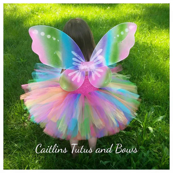Girls Rainbow Tutu Dress Fluffy Tulle With Butterfly Wing Cosplay Costume - Image 4