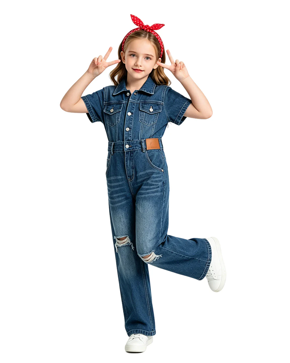 Girls Rosie The Riveter Costume We Can Do It Demini Short Sleeve Coveralls with Headband for Independence Day - Image 3