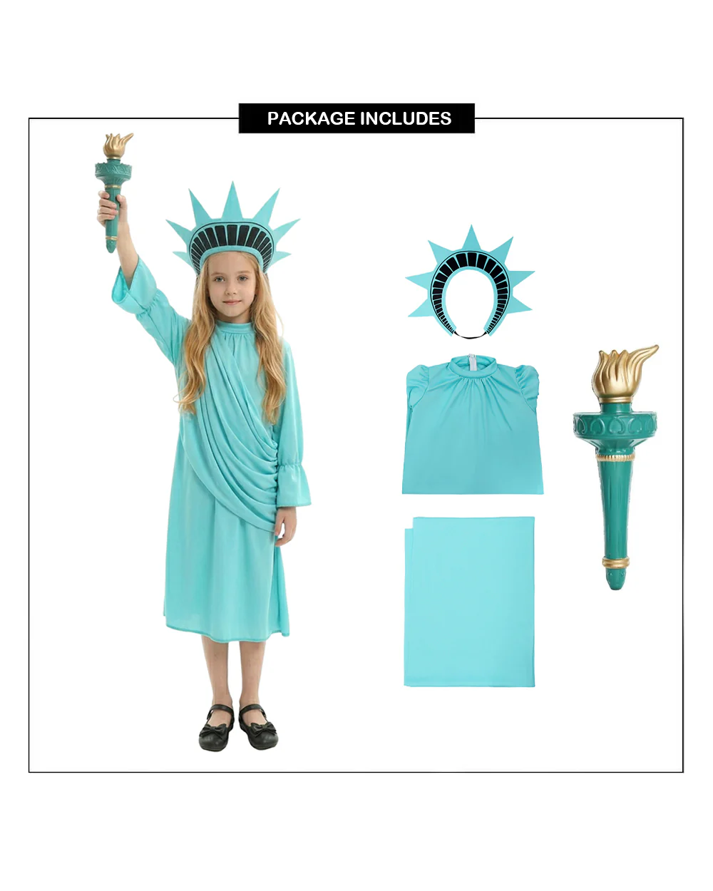 Girls Statue of Liberty Outfit Mint Green Dress with Crown Headband Sash Set for Patriotic 4th of July Parades - Image 10