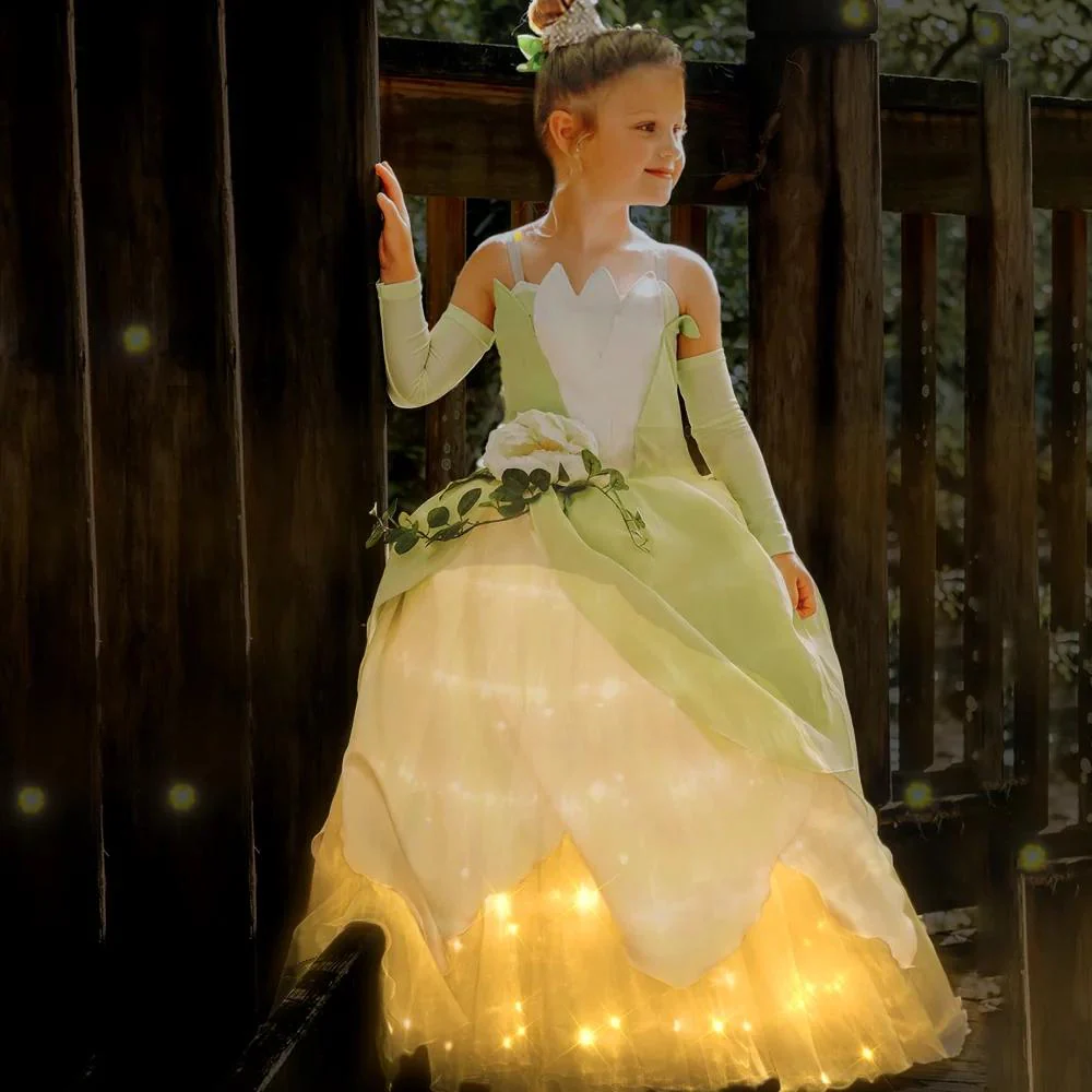 Tiana Frog Princess Costume Princess Light Up Dress Girls Off Shoulder Party Dress - Image 9