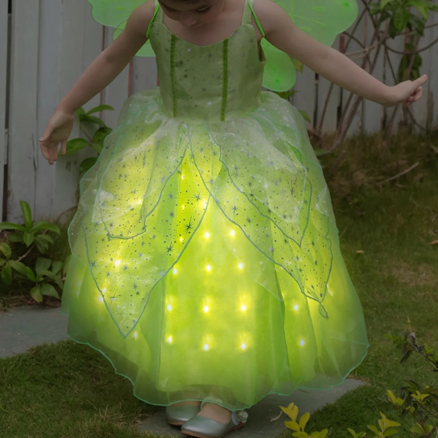 Girls Tink Bell Light Up Dress Green Ball Gown LED Costume With Wing for Dress Up Party - Image 2