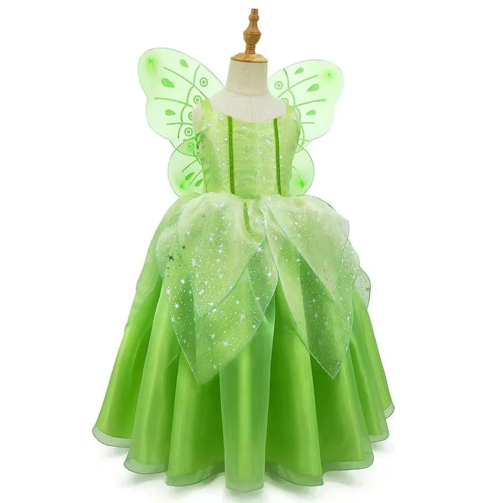 Girls Tink Bell Light Up Dress Green Ball Gown LED Costume With Wing for Dress Up Party - Image 7