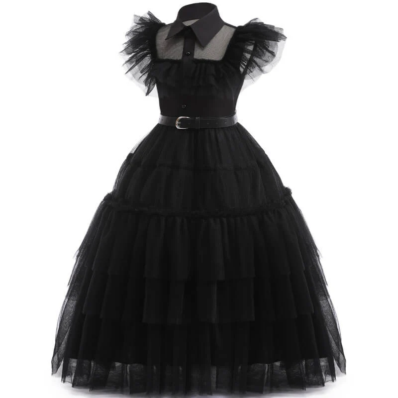Girls Wednesday Dress Wednesday Addams Costume Black Tulle Dress with Belt Wednesday Outfit - Image 3