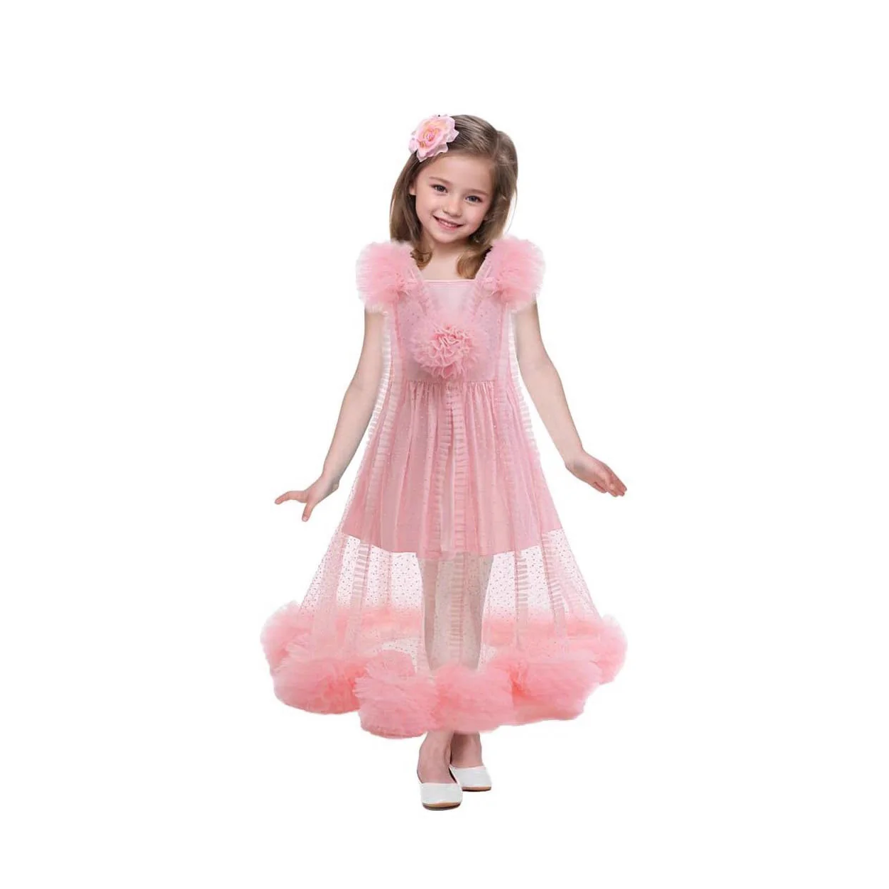 Girls Glinda Dress Good Witch Pink Princess Flowered Ruffled Tulle Gown with Camisole Slip - Image 3