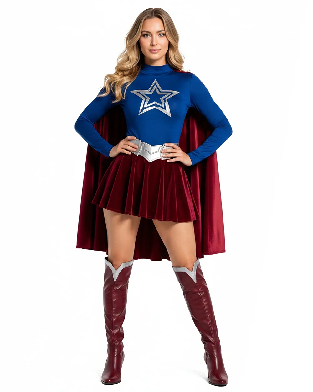 Girls Women Heroine Costume Long Sleeve Velvet Pleated Dress with Red Detachable Cape for Comic Con - Image 5