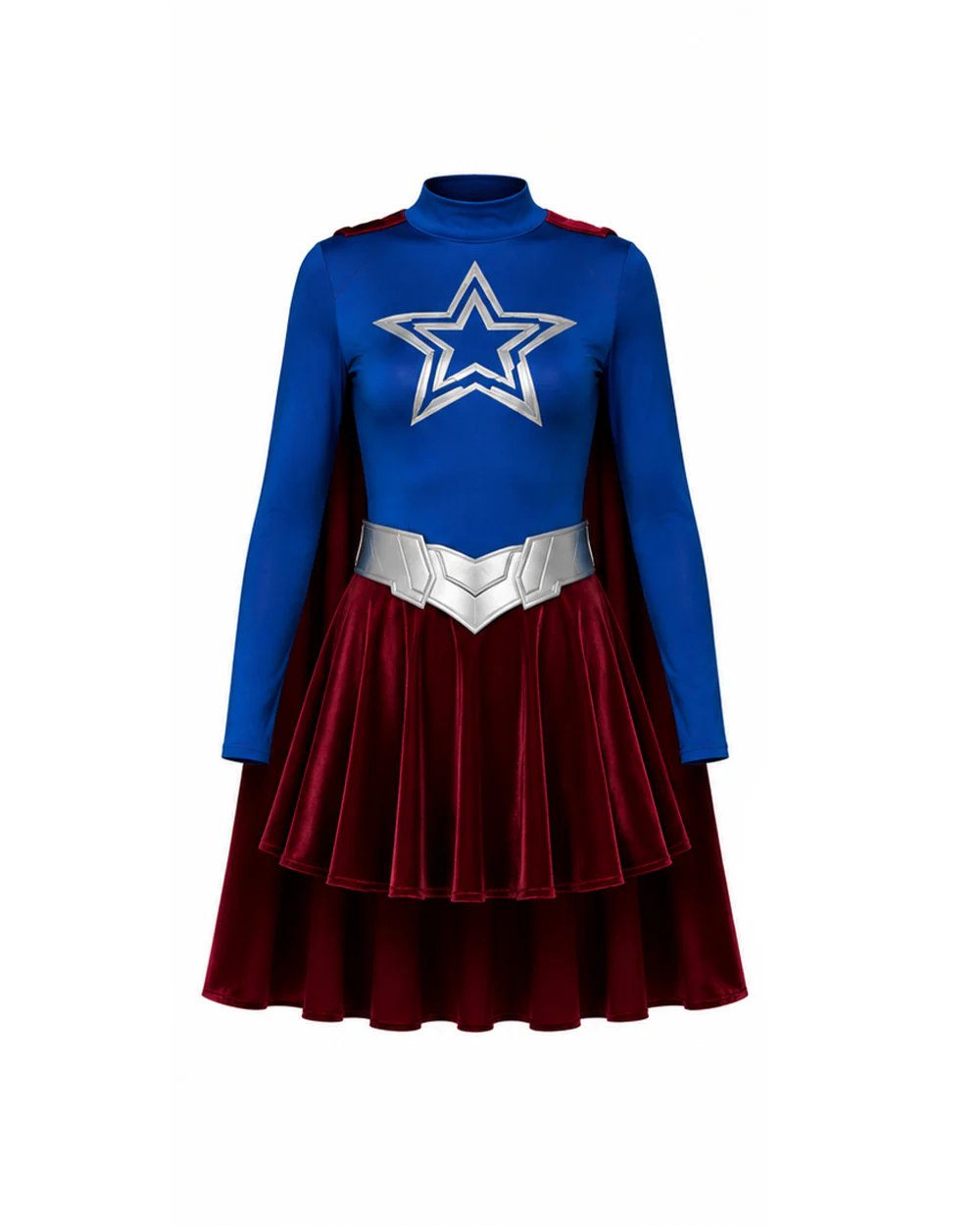 Girls Women Heroine Costume Long Sleeve Velvet Pleated Dress with Red Detachable Cape for Comic Con - Image 8