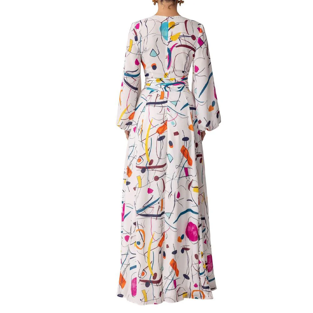 Graphic & Geo Print Lantern Sleeve Overlap Collar Split Thigh Belted Dress - Image 5