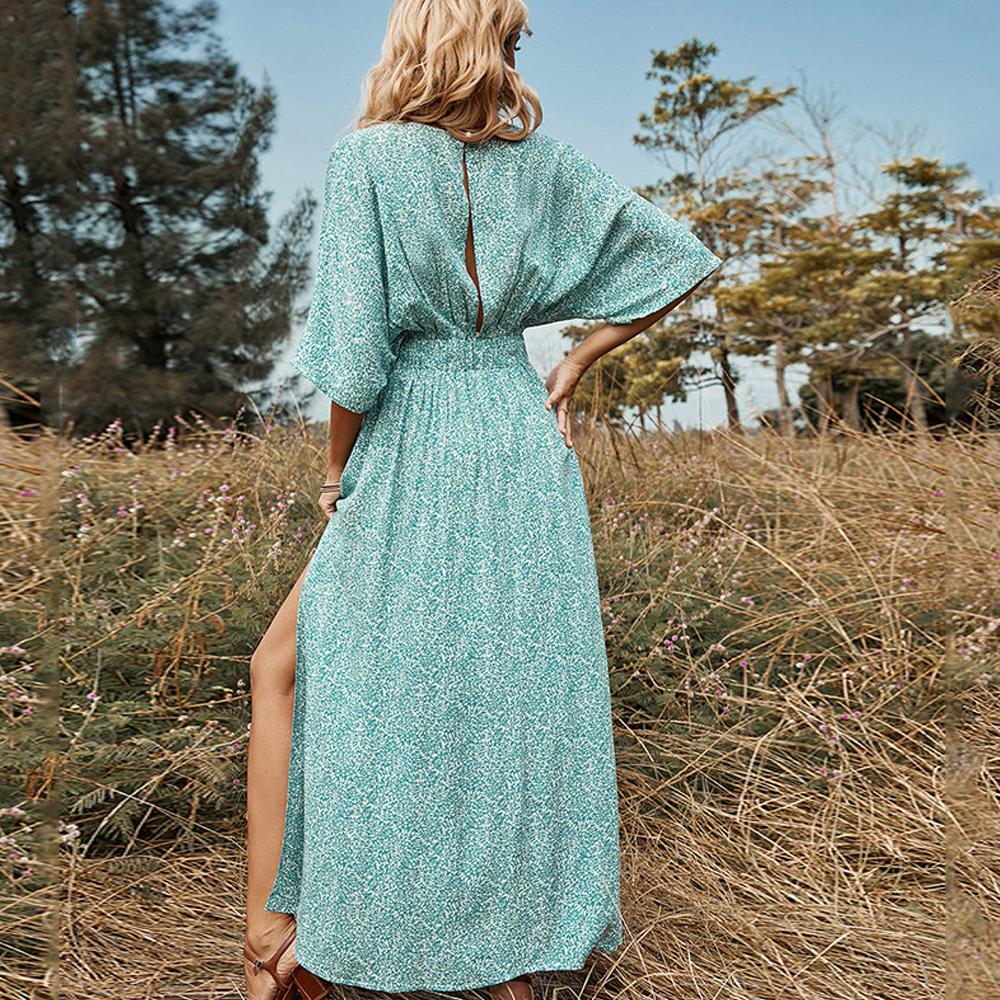 Green Allover Print Dolman Sleeve V Neck Slit Thigh Dress - Image 4