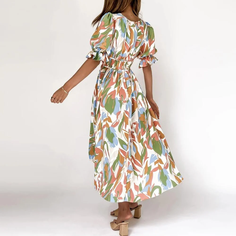Green Floral Print Shirred Waist V Neck Flounce Sleeve A-line Dress - Image 10