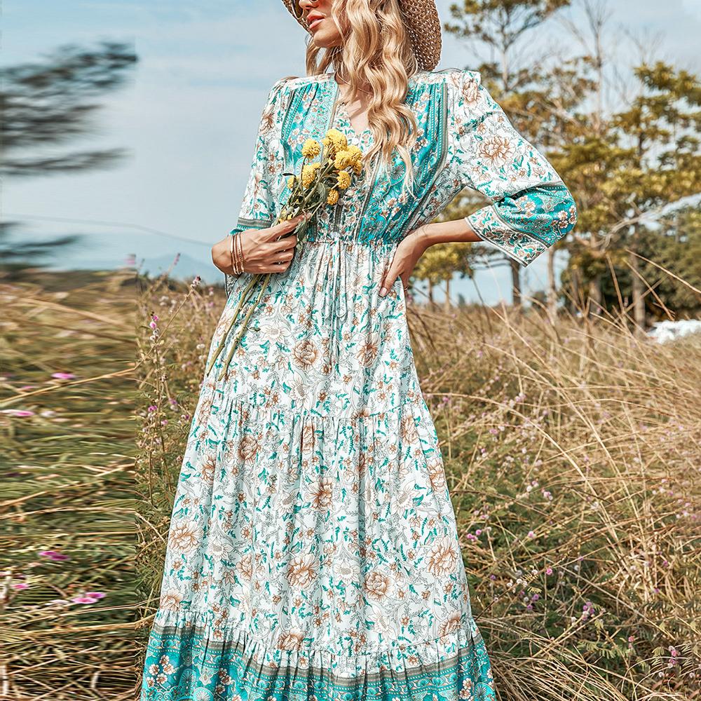 Green Paisley & Floral Print Button Front Knot Waist V Neck Dress - Image 3