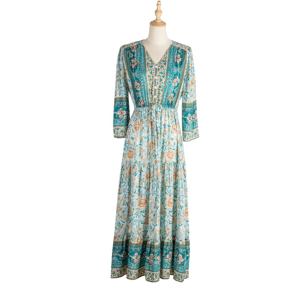 Green Paisley & Floral Print Button Front Knot Waist V Neck Dress - Image 6