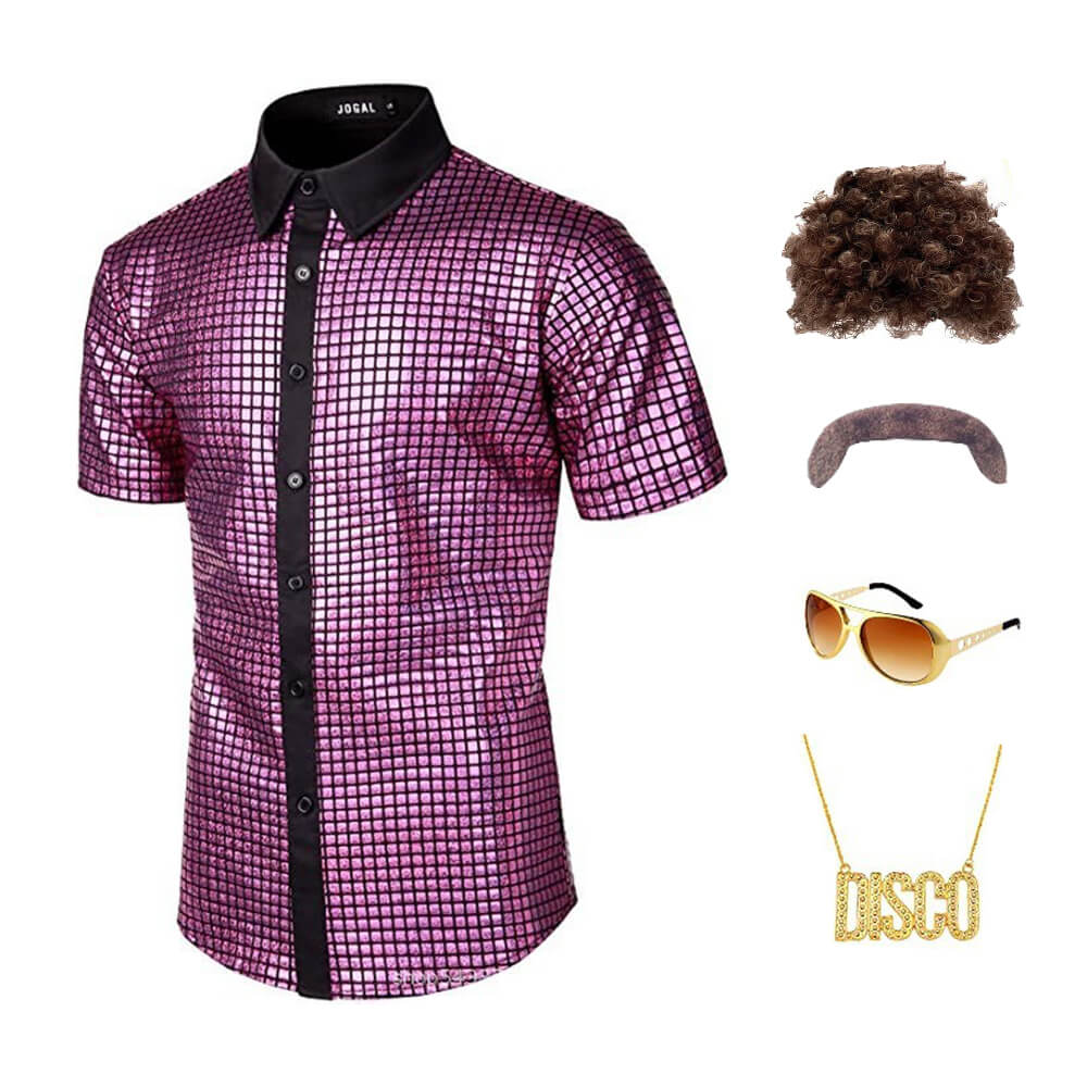 Guys Disco Outfit Short Sleeve Button Up Sequin Shirt and Accessroeries 70s Disco Costume - Image 3