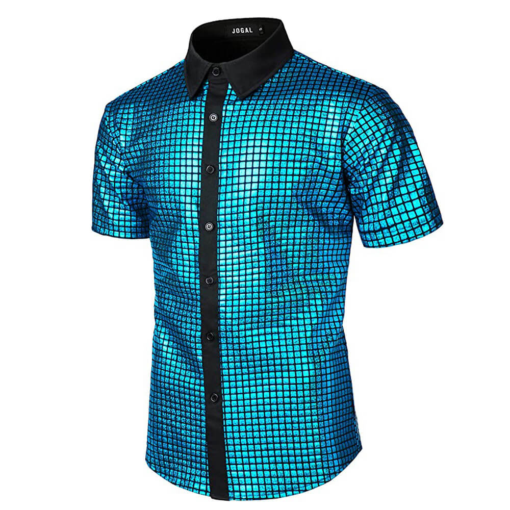 Guys Disco Outfit Short Sleeve Button Up Sequin Shirt and Accessroeries 70s Disco Costume - Image 5