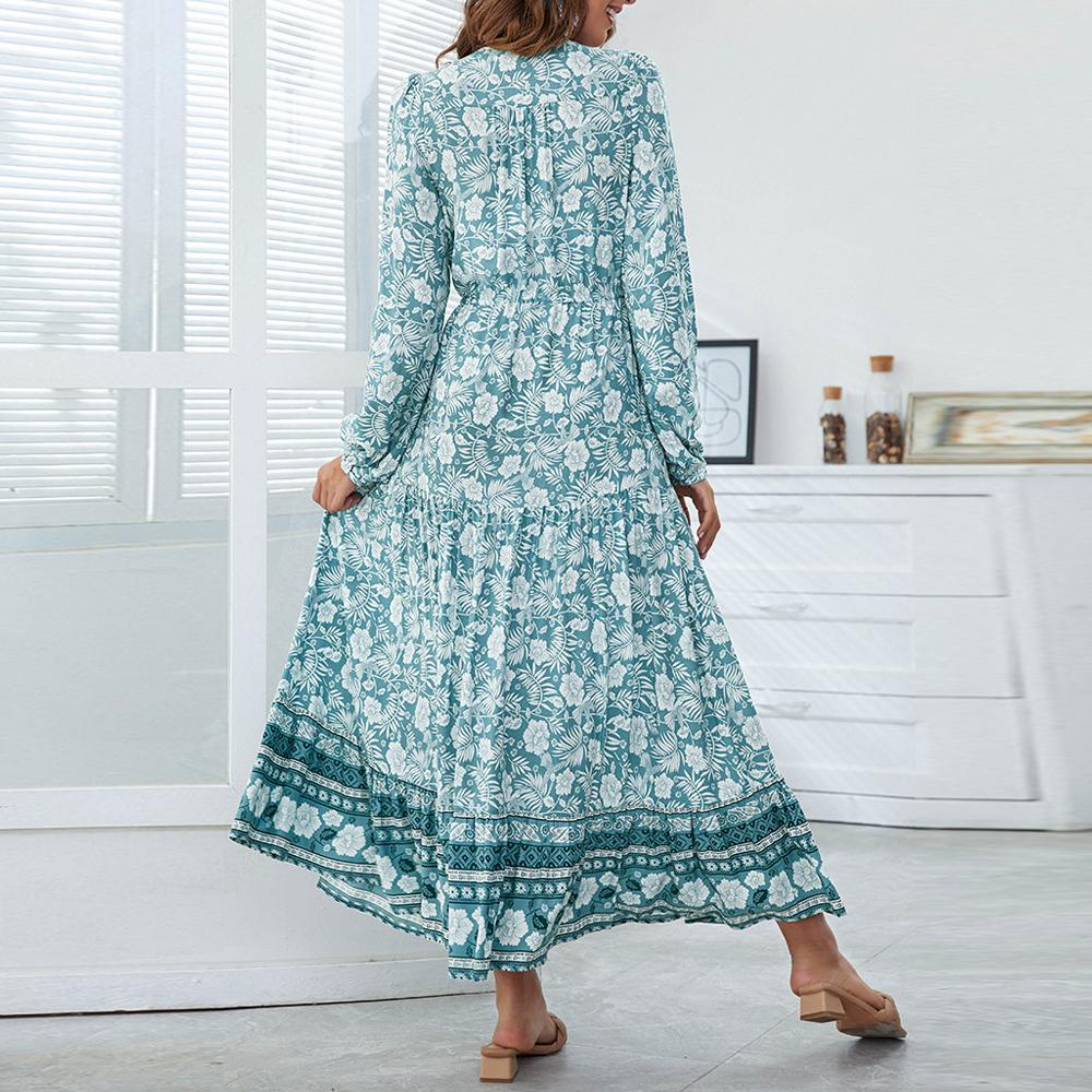 Half Button Allover Floral Print V Neck Bishop Sleeve Maxi Dress - Image 14