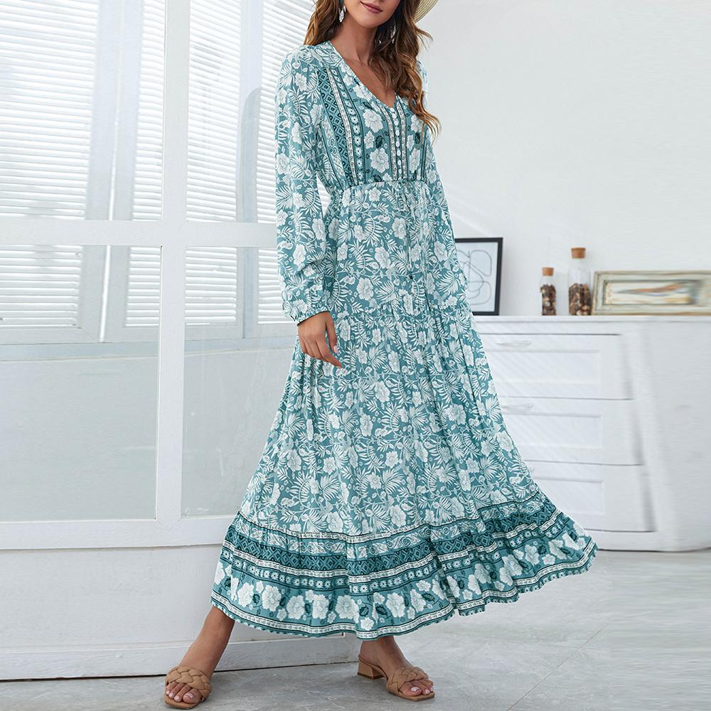 Half Button Allover Floral Print V Neck Bishop Sleeve Maxi Dress - Image 15