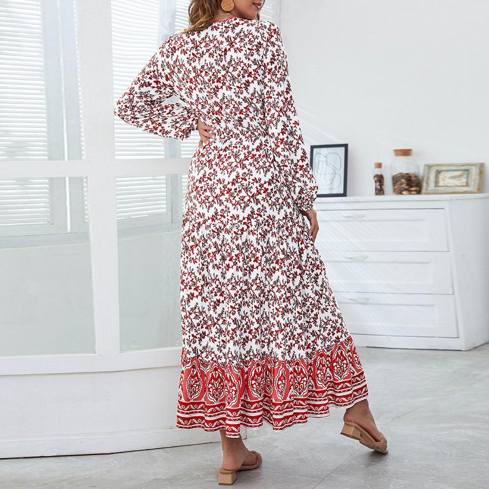 Half Button Allover Floral Print V Neck Bishop Sleeve Maxi Dress - Image 18