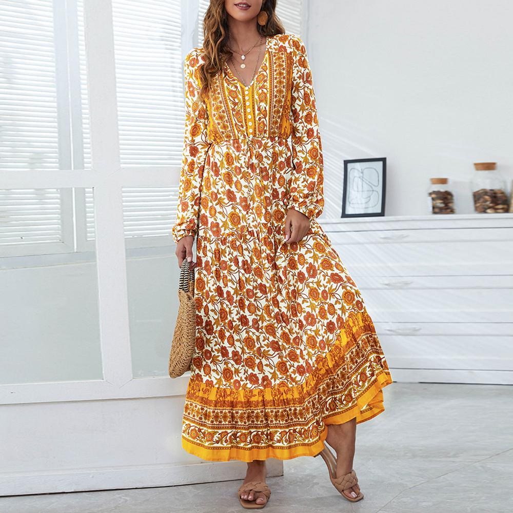 Half Button Allover Floral Print V Neck Bishop Sleeve Maxi Dress - Image 19