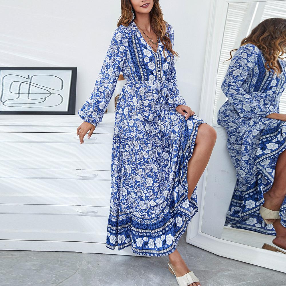 Half Button Allover Floral Print V Neck Bishop Sleeve Maxi Dress - Image 5