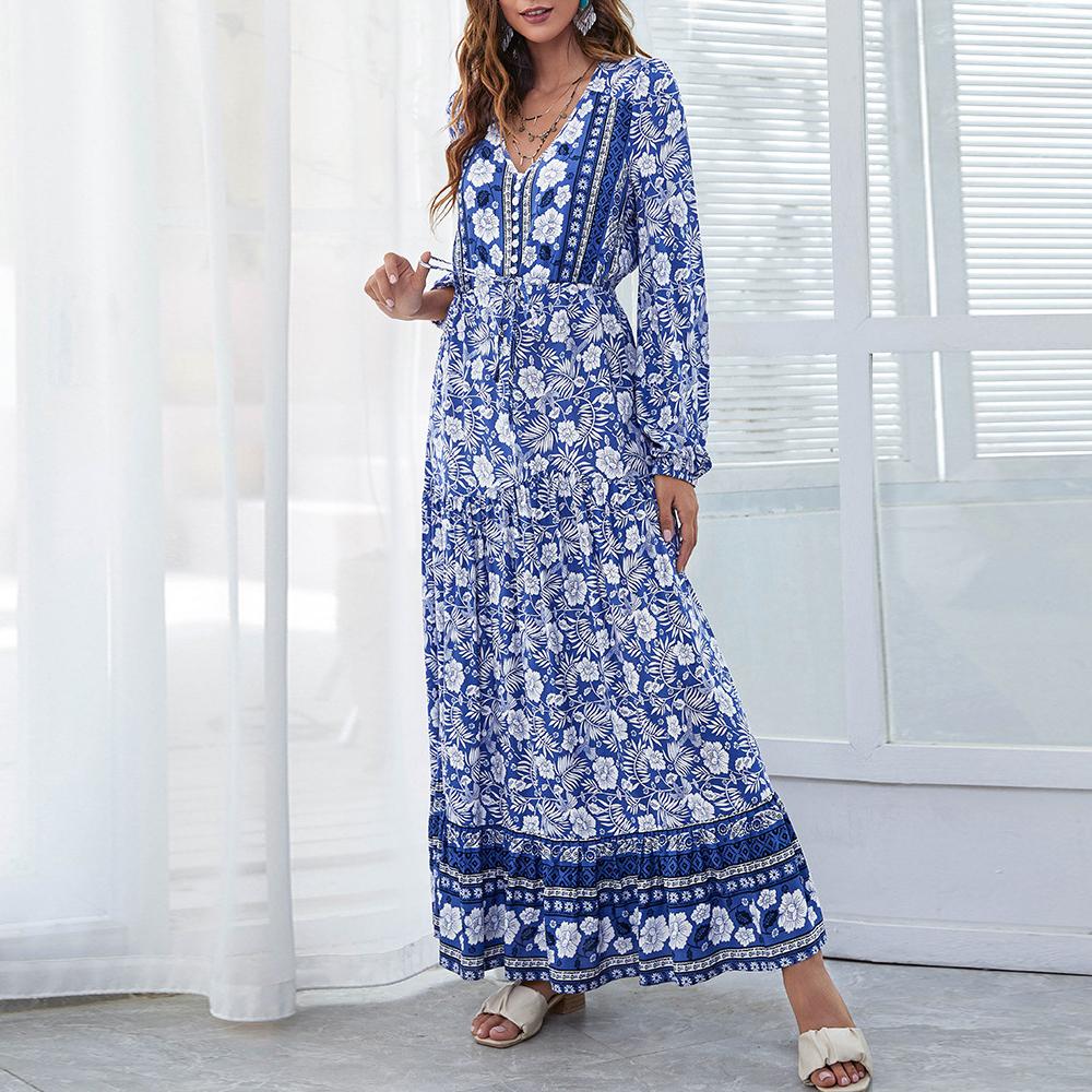 Half Button Allover Floral Print V Neck Bishop Sleeve Maxi Dress - Image 8